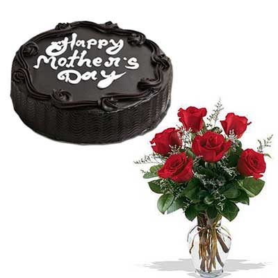 "Round shape Double Chocolate cake - 1kg, Red Roses Flower with Vase - Click here to View more details about this Product
